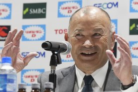 Eddie Jones of Australia soaks during a press conference speaks Thursday, Dec. 14, 2023, in Tokyo. Jones was named as new coach of the Japan national rugby team on Dec. 13. (AP Photo/Eugene Hoshiko)