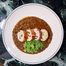 Chicken roulade and puy lentils.
