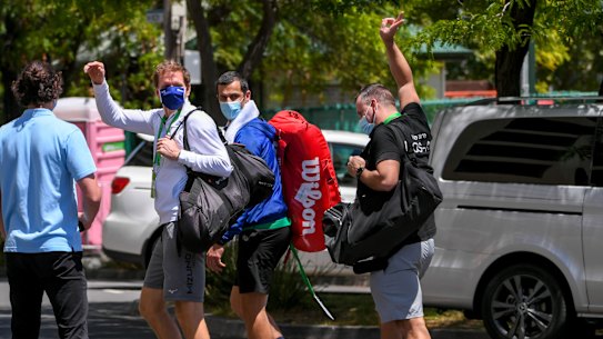 Players in quarantine practice near the View hotel in Melbourne.