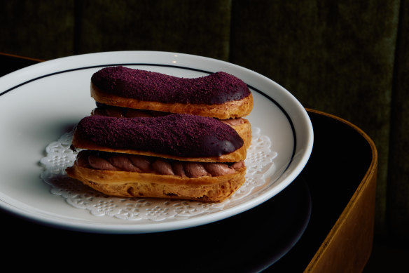 Chicken liver parfait eclairs with maraschino cherry and cacao.