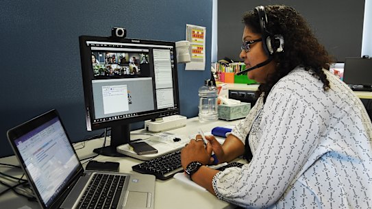 Aurora College math and science teacher Mahezabeen Tariq teaches year 10 math students via a virtual classroom.