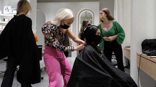 Client Janet Shafik sits down to get her hair at Joey Scandizzo’s salon in South Yarra.