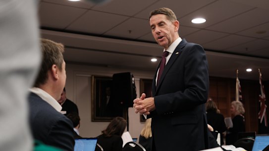 Queensland Treasurer Cameron Dick speaks to reporters during the 2023-24 state budget lockup