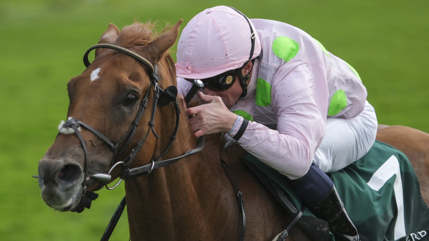 William Buick riding Vauban to win The Weatherbys Hamilton Lonsdale Cup Stakes at York Racecourse on August 23