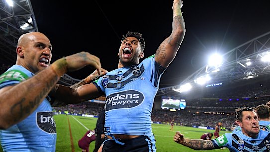 Blake Ferguson and Josh Addo-Carr celebrate NSW's State of Origin win.