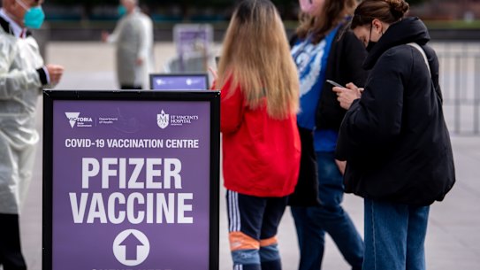 Victorians line up at the Royal Exhibition Centre vaccination hub.