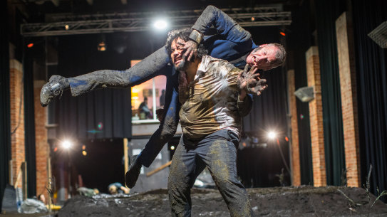 Mud-fighting performers Michael Logo and Vince Crowley in the cancelled 2021 show THIS?
