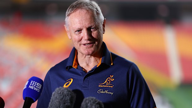 BRISBANE, AUSTRALIA - MAY 30: Wallabies Head Coach Joe Schmidt speaks to the media during a Rugby Australia media opportunity  at Suncorp Stadium on May 30, 2025 in Brisbane, Australia. (Photo by Chris Hyde/Getty Images for Rugby Australia)