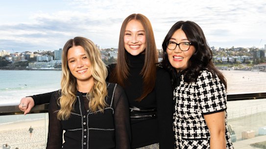 Rain Spencer, Lola Tung and Jenny Han in Bondi on Tuesday.