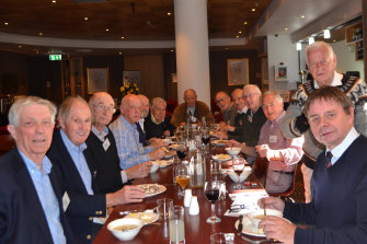 The 481 Boys sit down for lunch with guest Tony Wright, right, more than 60 years on. David Jensz, Bill Cook and Trevor Steer are first, second and third from left; John Murtagh is sixth from left and Don Edgar is fifth from right.