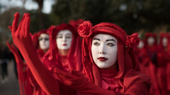 The Red Rebels, a sub-group of the Extinction Rebellion, at the school strike in Sydney.