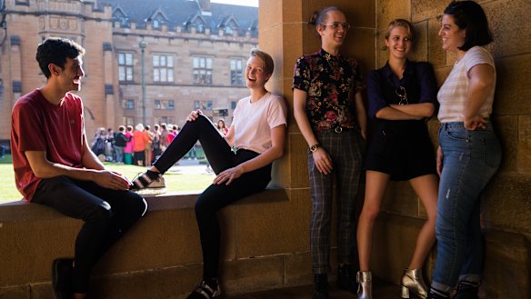 Grace Franki, in white shirt, with friends at the University of Sydney. 