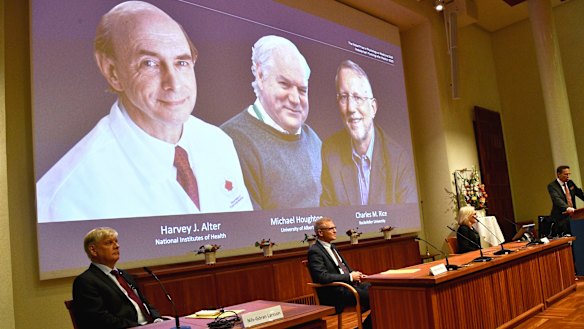 Harvey J. Alter, far left, Michael Houghton and Charles M. Rice were awarded the Nobel Prize in medicine and physiology.
