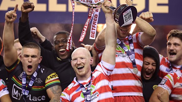 Wigan celebrate their World Club Challenge win over Penrith in February.