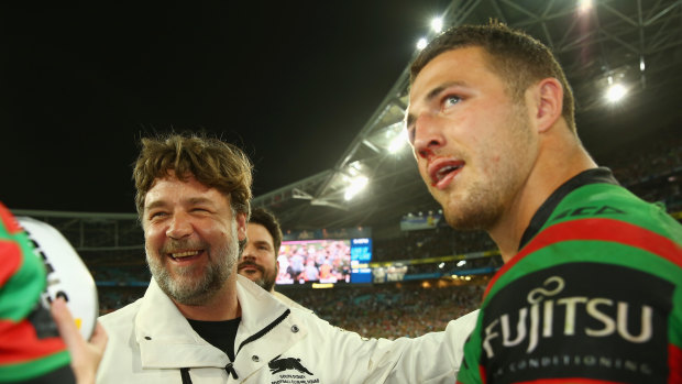 Russell Crowe and Sam Burgess after the 2014 NRL grand final at ANZ Stadium.