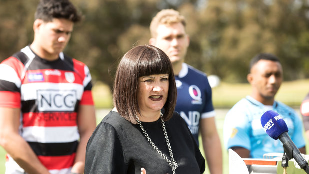Rugby Australia boss Raelene Castle speaks to the media at Tuesday's launch of the NRC. 