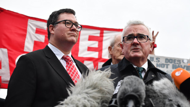 Liberal National Party MP George Christensen and independent MP Andrew Wilkie speak outside Belmarsh Prison after visiting Julian Assange.