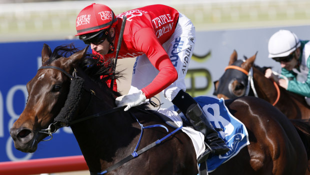 On the double: Brenton Avdulla wins the Inglis Guineas on Moss Trip.