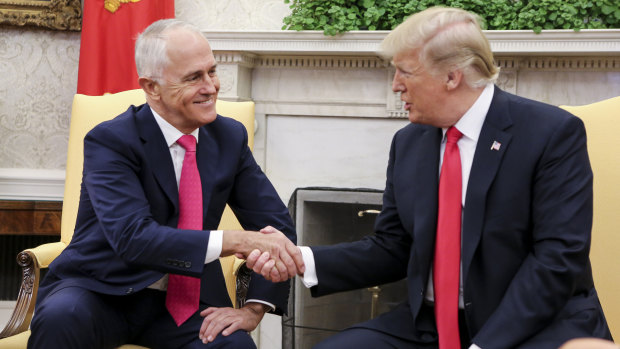 Friendship stronger than ever. US President Donald Trump shakes hands with then-Prime Minister Malcolm Turnbull in February 2018. 