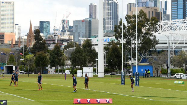 The Storm train at Collingwood's Holden Centre training ground on Tuesday morning.