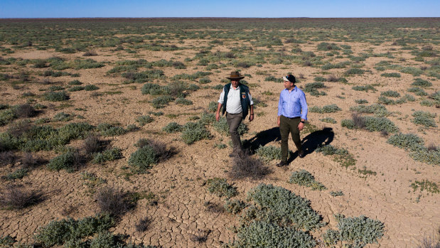 NSW Environment Minister, Matt Kean (right), and Jaymie Norris from the NSW National Parks and Wildlife Service, on Narriearra in far north-west NSW.