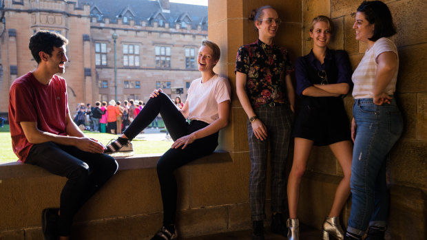 Grace Franki, in white shirt, with friends at the University of Sydney. 