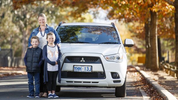 Emma Edmeades, one of the first Shebah drivers in Canberra, with her children Finnley, 7, and Chloe, 9. 