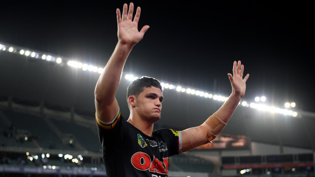Bowing out: Nathan Cleary acknowledges Panthers supporters after full-time.