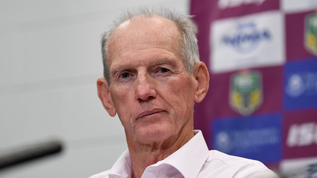 Still unclear: Wayne Bennett addressing the media following the victory over Souths.