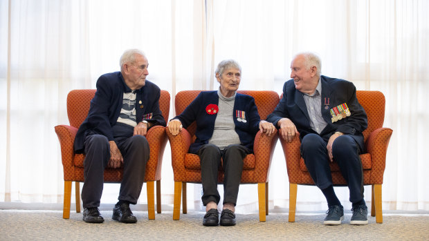Bill Craig, Peg Utting and Geoff Williams at their Vasey RSL Care home in Brighton East.
