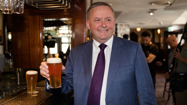 Anthony Albanese having a beer at the Unity Hall Hotel after announcing that he will stand for Labor leadership.
