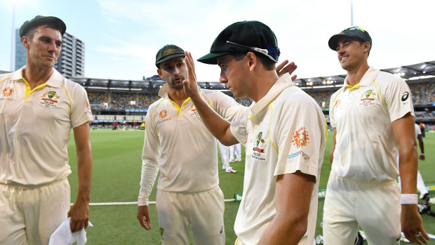 Party of four: The Australian bowling attack dominated against Sri Lanka in Brisbane.