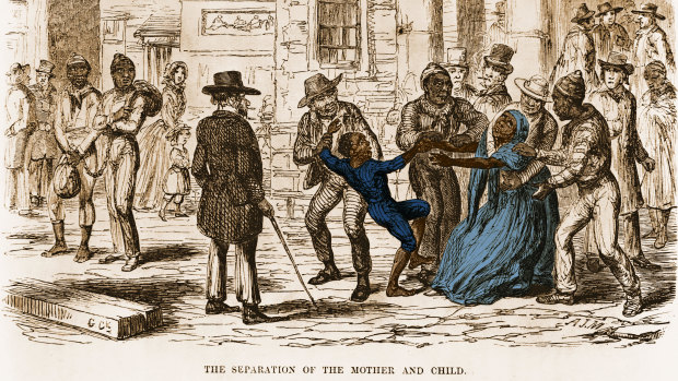 An illustration by George Cruikshank of a scene from the novel <i>Uncle Tom's Cabin</i>, by American abolitionist and author Harriet Beecher Stowe, in which an enslaved woman is separated from her child.  