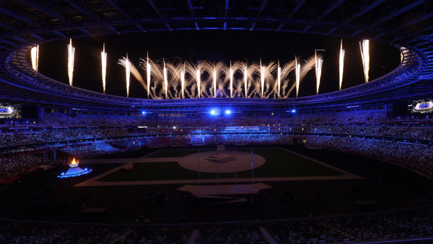 Fireworks are seen during the Closing Ceremony of the Tokyo 2020 Olympic Games.