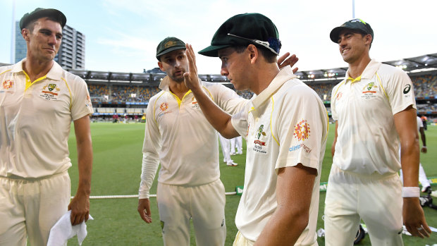 Party of four: The Australian bowling attack dominated against Sri Lanka in Brisbane.