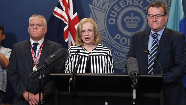 Detective Superintendent Jon Wacker, Queensland chief health officer Jeanette Young and Acting Chief Superintendent of state crime command Terry Lawrence at a press conference at Police headquarters in Brisbane.