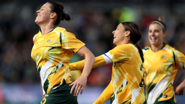 Emily Gielnik celebrates her goal during the International friendly match between Australia and Chile.