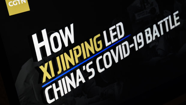 The title screen of a programme called “How Xi Jinping Led China’s COVID-19 Battle”, from the CGTN archive is seen as it plays on a computer monitor in London.