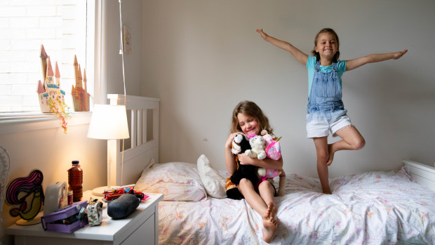 Sisters, Olivia, 6, and Harriet, 5, Roscoe in their Sydney home. 