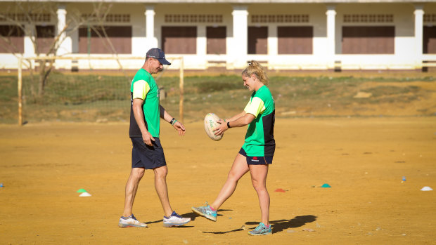 'Eye-opening': Stephen Larkham and Wallaroo Emily Chancellor in Laos last month. 