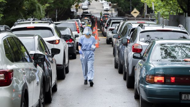 Cars line up at the Rozelle drive-through COVID-19 testing clinic.