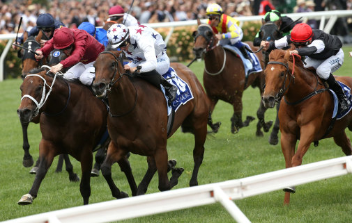 Flying filly: Sunlight on the rails fights off Zousain to win the Coolmore Stud Stakes.