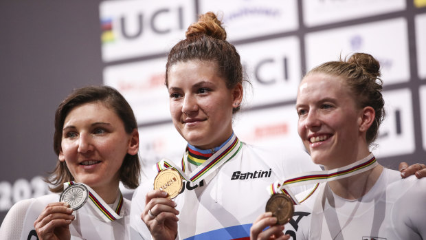 Silver medalist Lisa Brennauer of Germany, gold medalist Dygert and bronze medalist Franziska Brausse of Germany.