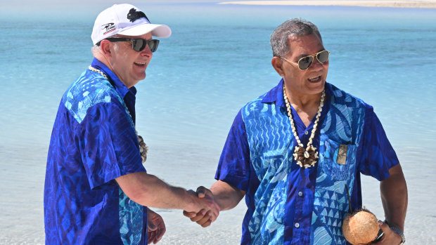 Anthony Albanese and Tuvalu Prime Minister Kausea Natano on One Foot Island last week.