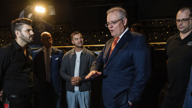 Prime Minister Scott Morrison and singer Guy Sebastian at West HQ in Sydney to announce the arts rescue package on Thursday. 