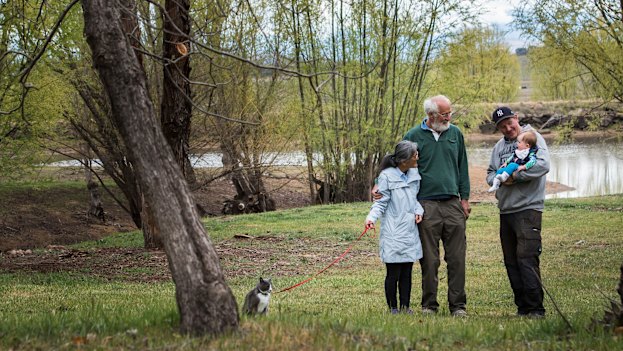 Dave and Hideko Petony on their Wallaroo property pictured with Dave's son Ben and his daughter Sage and their cat Gan Chan. 