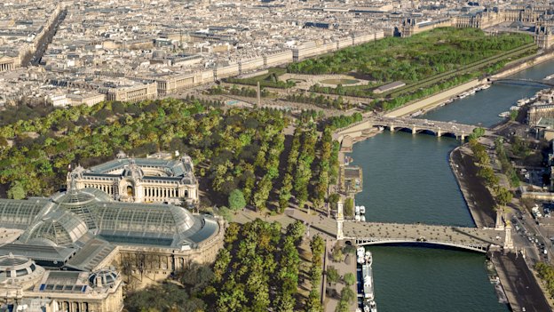 An architectural impression of the sprawling interconnected parkland created by the impending redevelopment of the Champs-Élysées and Place de la Concorde.