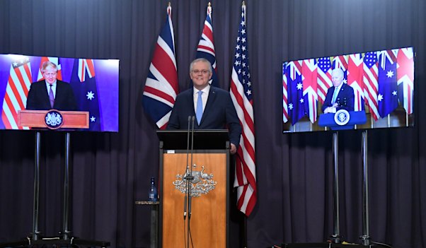 AUKUS announcement: Scott Morrison at the virtual joint press conference with British Prime Minister Boris Johnson and US President Joe Biden.