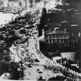 A Nationalist army parades along the Shanghai Bund, April 30, 1949.