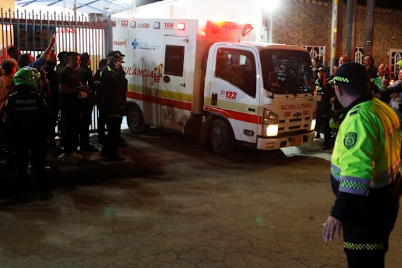 An ambulance carrying Miguel Uribe Turbay leaves the Medicentro hospital for the Santa Fe Foundation hospital, where he underwent urgent surgery.